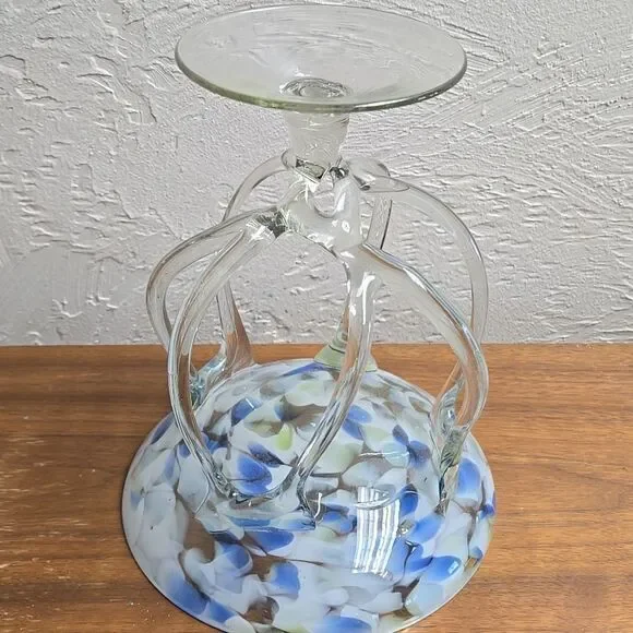 MAKORA KROSNO OCTOPUS JELLYFISH COBALT GLASS COMPOTE PEDESTAL BOWL, VINTAGE